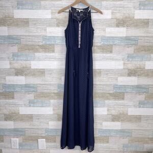 Daniel Rainn Swiss Dot Lace Embroidered Halter Maxi Dress Blue Womens Small